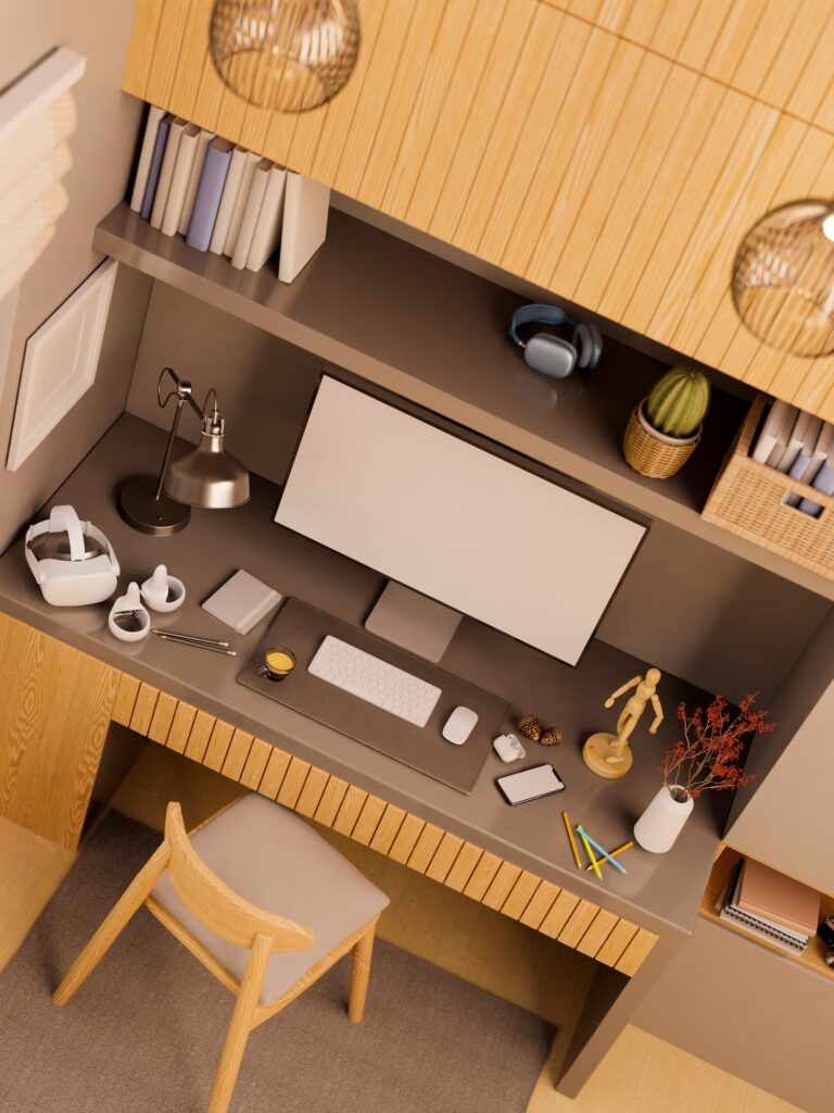 Overhead shot of a Modern home workspace interior design with computer