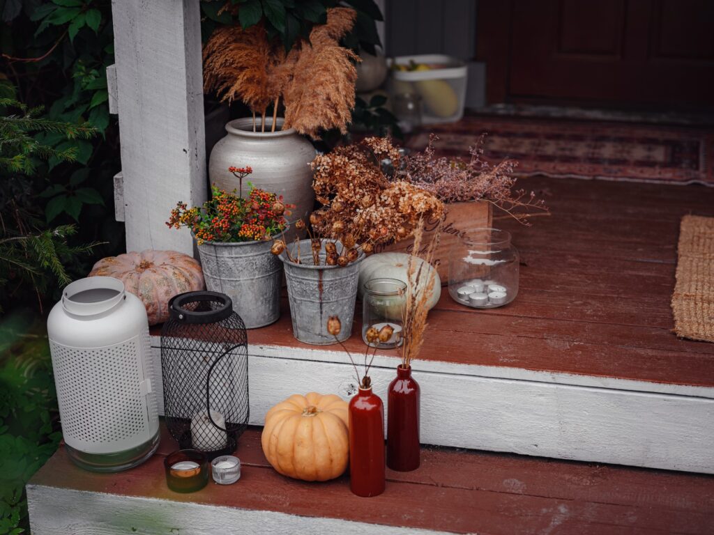 porch or patio, family heirlooms, with pumpkins and cozy blankets