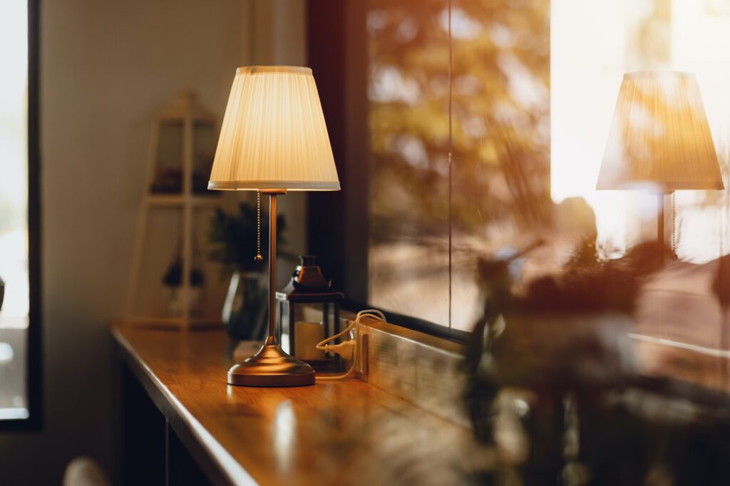 Table lamp on wooden counter bar classic luxury interior home and cafe decoration